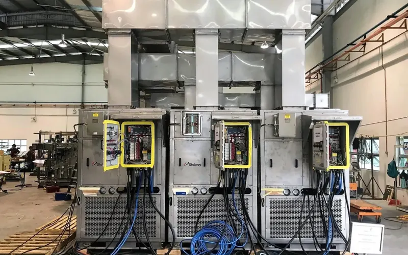 Three Stolway packaged units in the factory test bay