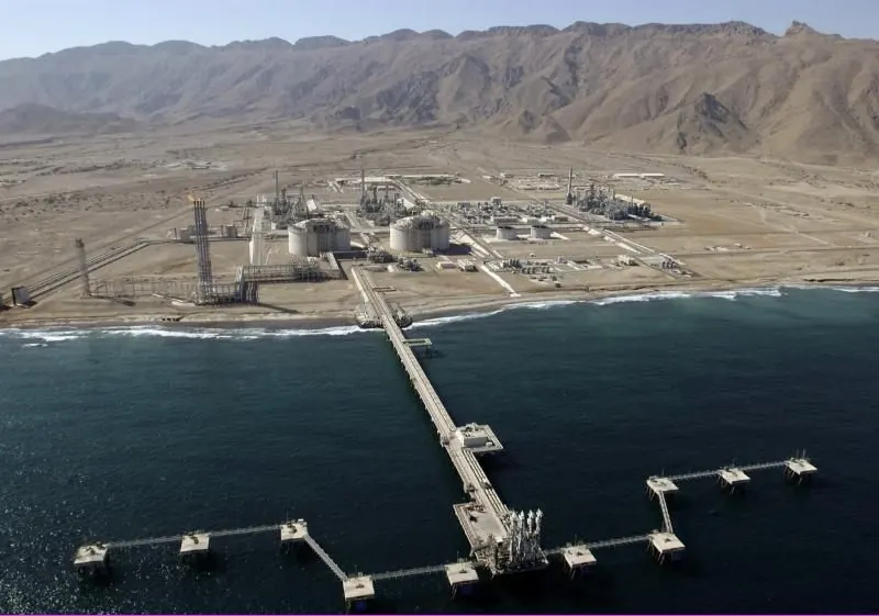 Aerial view of the Oman LNG plant and jetty at Qalhat